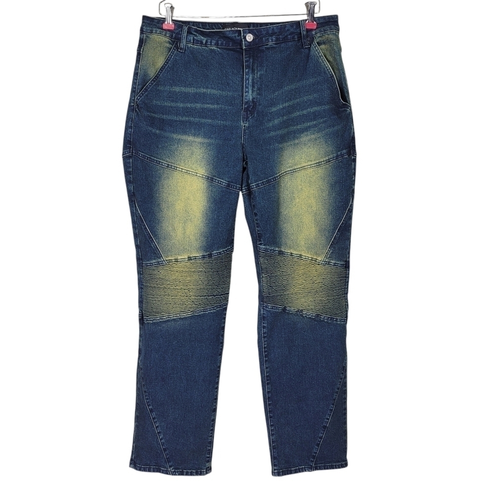 Fashion Nova Jeans Size 14 36X29.5 Blue Yellow Tint Moto Straight Leg New